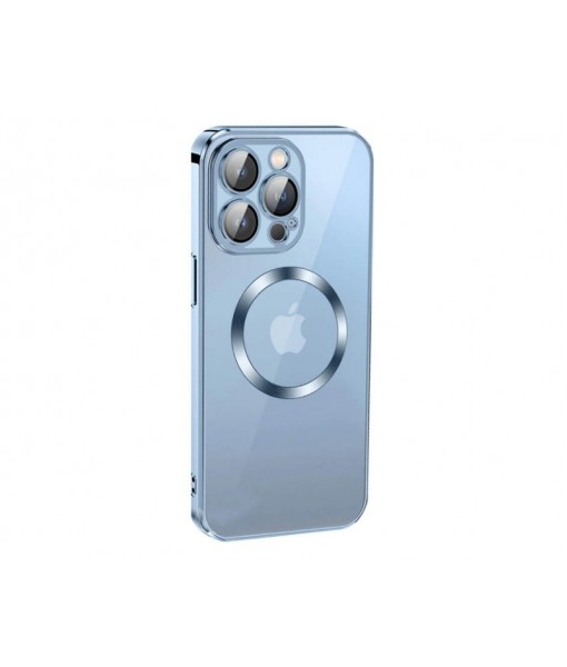 Husa iPhone 12 Pro Max, Premium MagSafe Electro, Spate Transparent, Rama Albastra